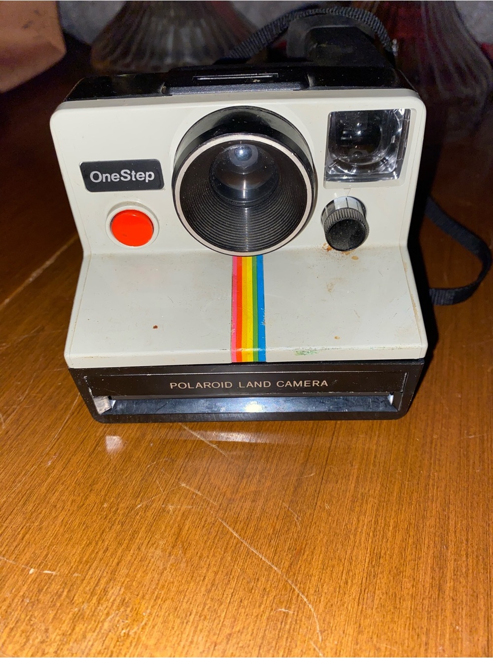 Polaroid OneStep Land Camera in White with Rainbow Stripe and Red Shutter